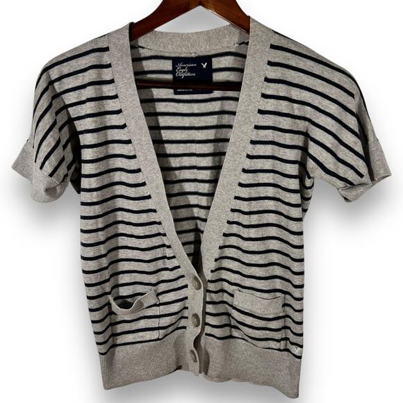 American Eagle Gray Stripe Short Sleeve Cardigan Preppy Vintage Y2K M - Picture 3 of 9